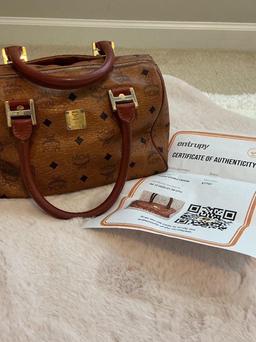 MCM Visetos Cognac Canvas Boston Bag